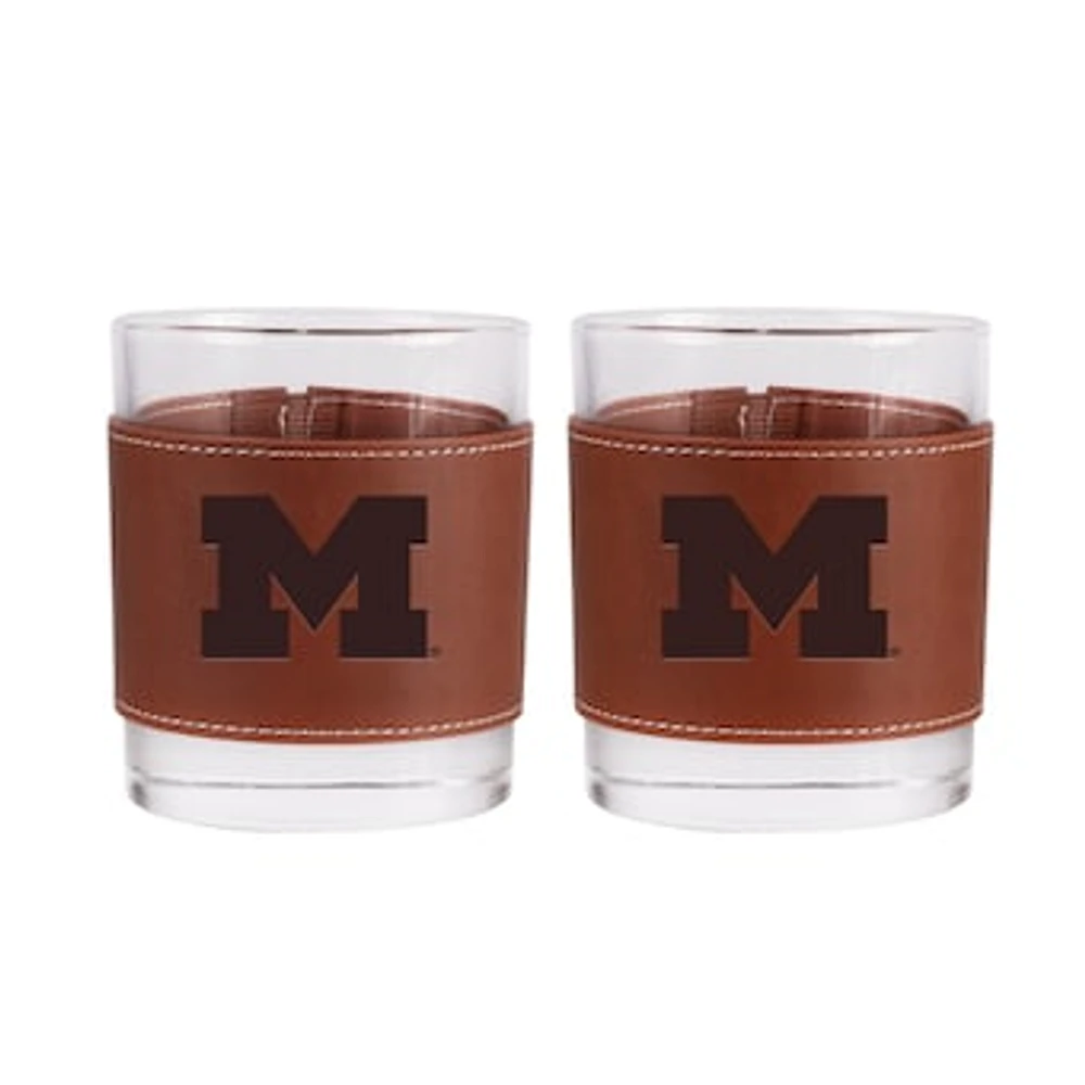 Michigan Wolverines 2-Pack 12oz Rocks Glass with Leather Wrap