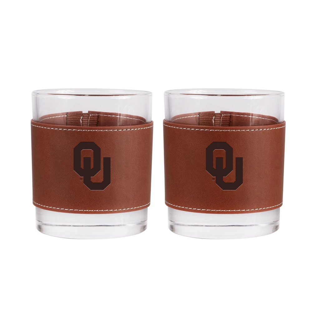 Oklahoma Sooners 2-Pack 12oz Rocks Glass with Leather Wrap