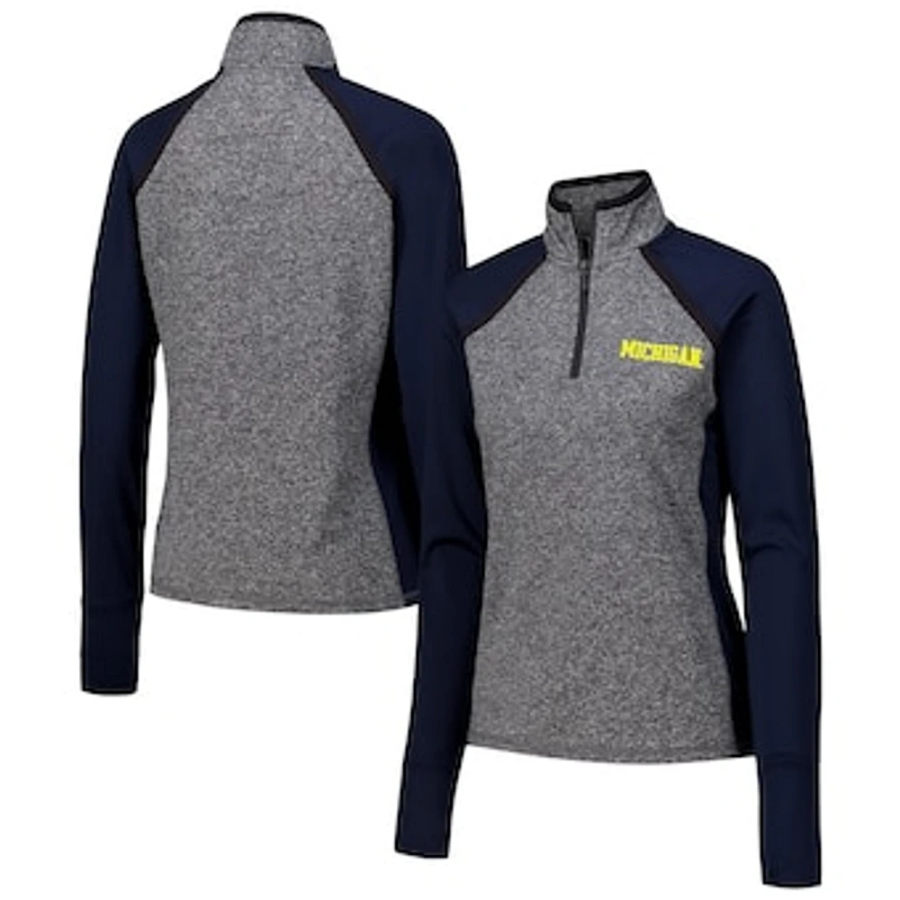 Women's Navy/Heather Gray Michigan Wolverines Finalist Raglan Quarter-Zip Jacket