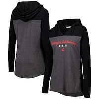 Women's Heather Charcoal Washington State Cougars Knockout Color Block Hoodie V-Neck Long Sleeve T-Shirt