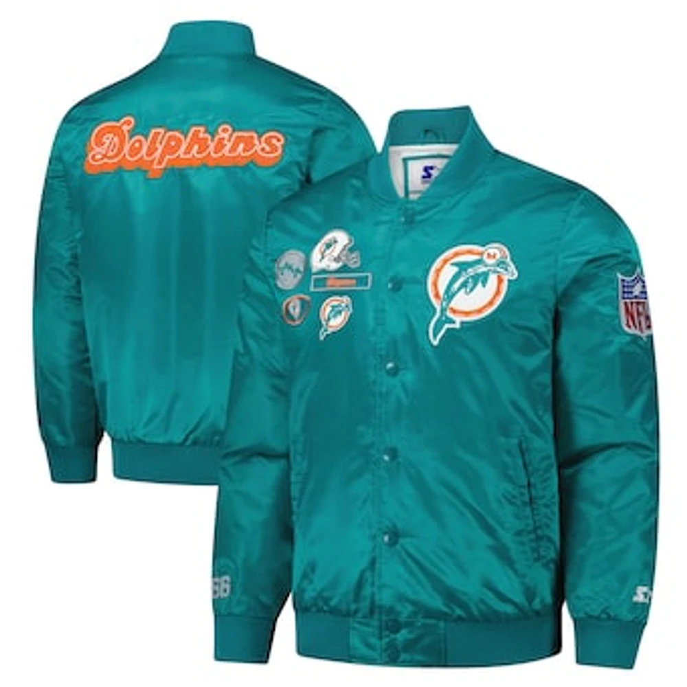 Men's Starter Aqua Miami Dolphins Exclusive Satin Varsity Full-Snap Jacket