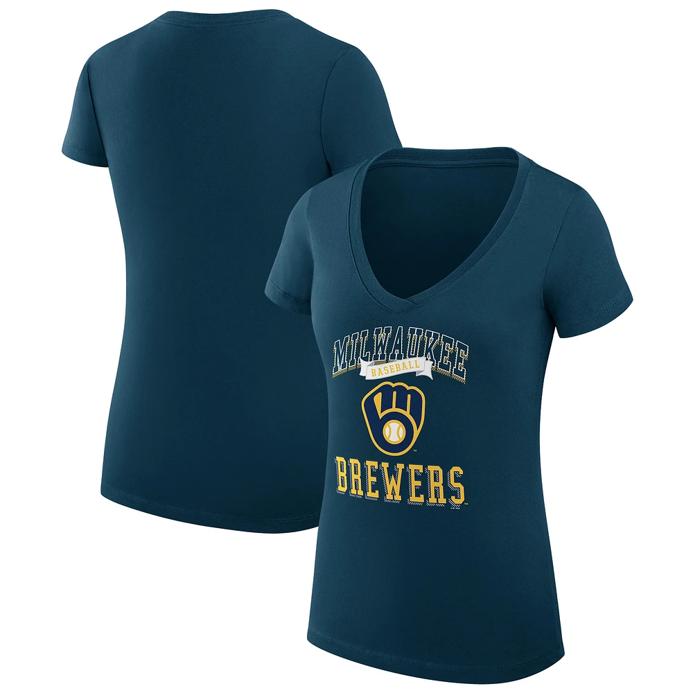 Women's G-III 4Her by Carl Banks Navy Milwaukee Brewers Team Logo Graphic V-Neck Fitted T-Shirt