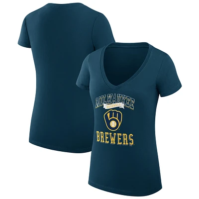Women's G-III 4Her by Carl Banks Navy Milwaukee Brewers Team Logo Graphic V-Neck Fitted T-Shirt