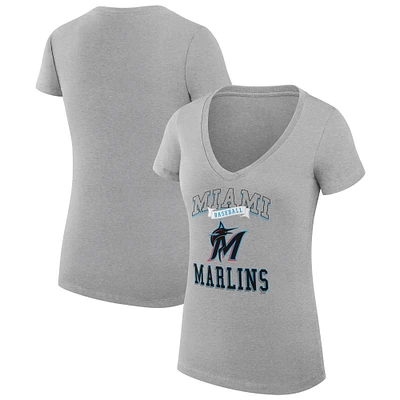 Women's G-III 4Her by Carl Banks Heather Gray Miami Marlins Team Logo Graphic V-Neck Fitted T-Shirt