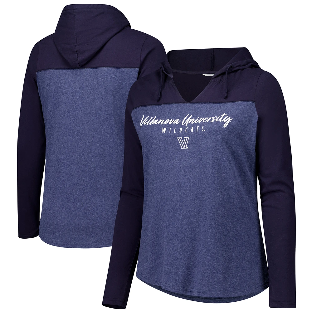 Women's Heather Navy Villanova Wildcats Knockout Color Block Hoodie V-Neck Long Sleeve T-Shirt