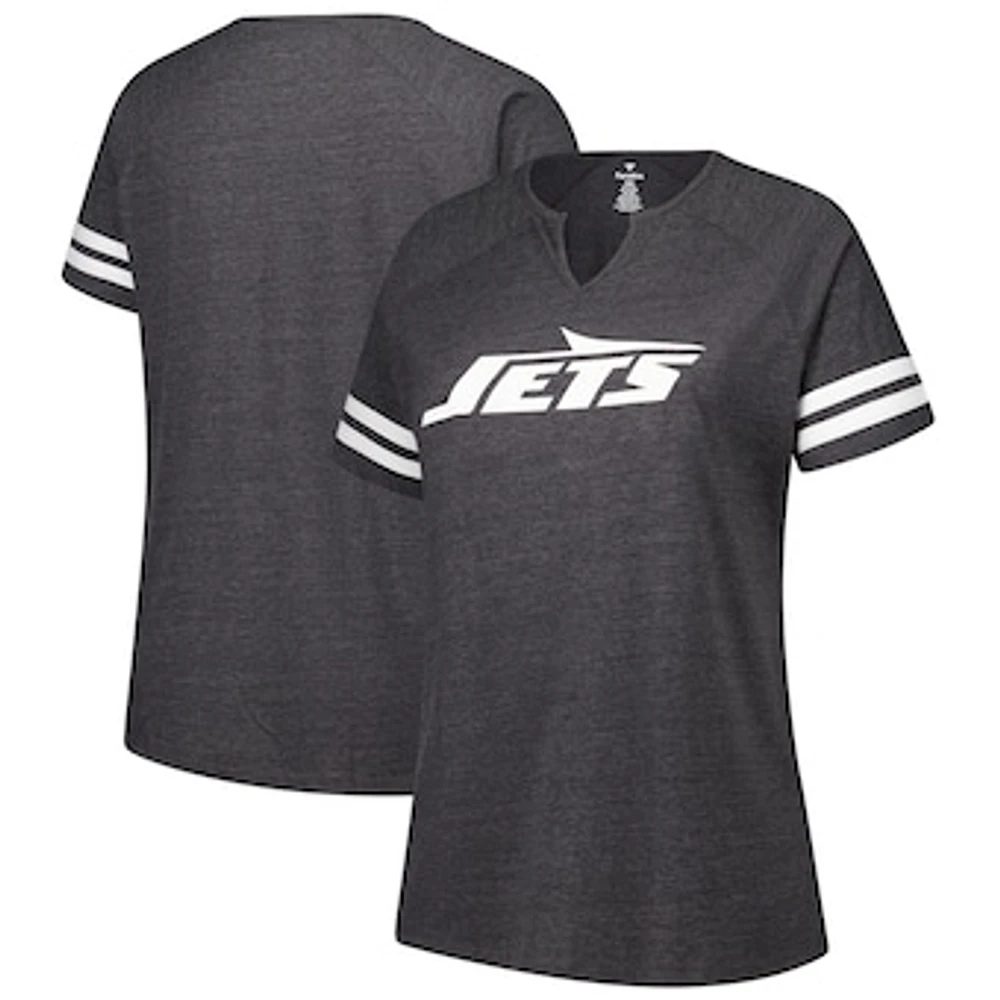 Women's Fanatics Charcoal New York Jets Plus Logo Striped Raglan Notch Neck T-Shirt