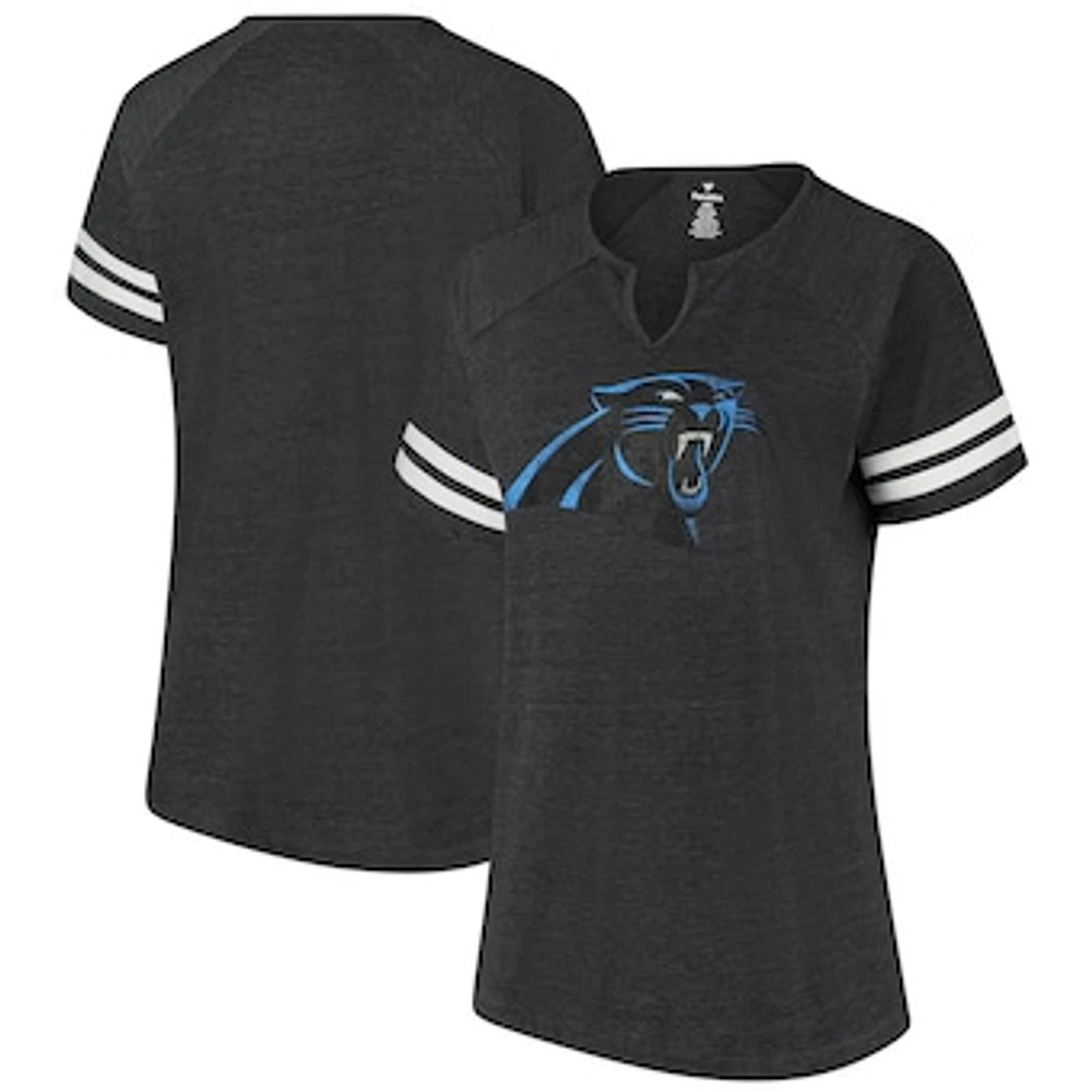 Women's Fanatics Black Carolina Panthers Plus Logo Striped Raglan Notch Neck T-Shirt