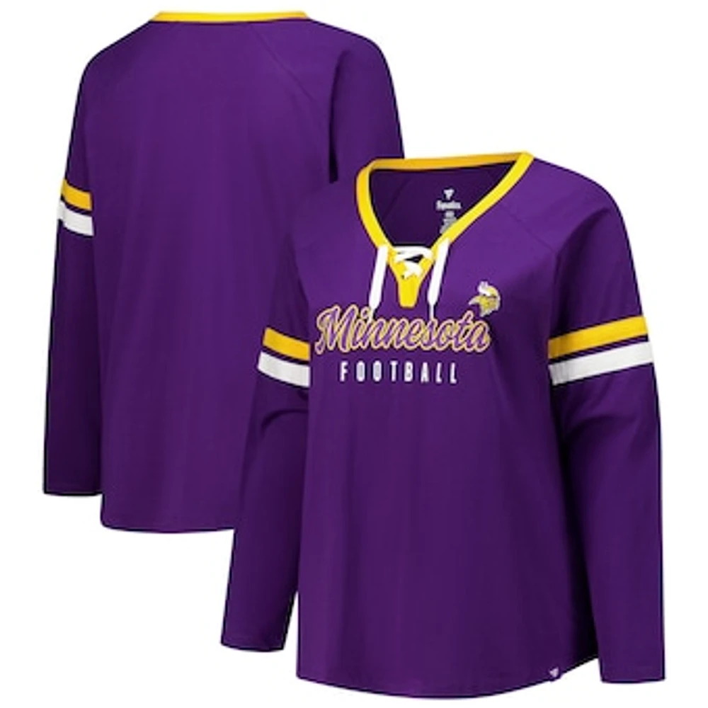 Women's Fanatics Purple Minnesota Vikings Plus Won & Done Lace-Up V-Neck Long Sleeve T-Shirt