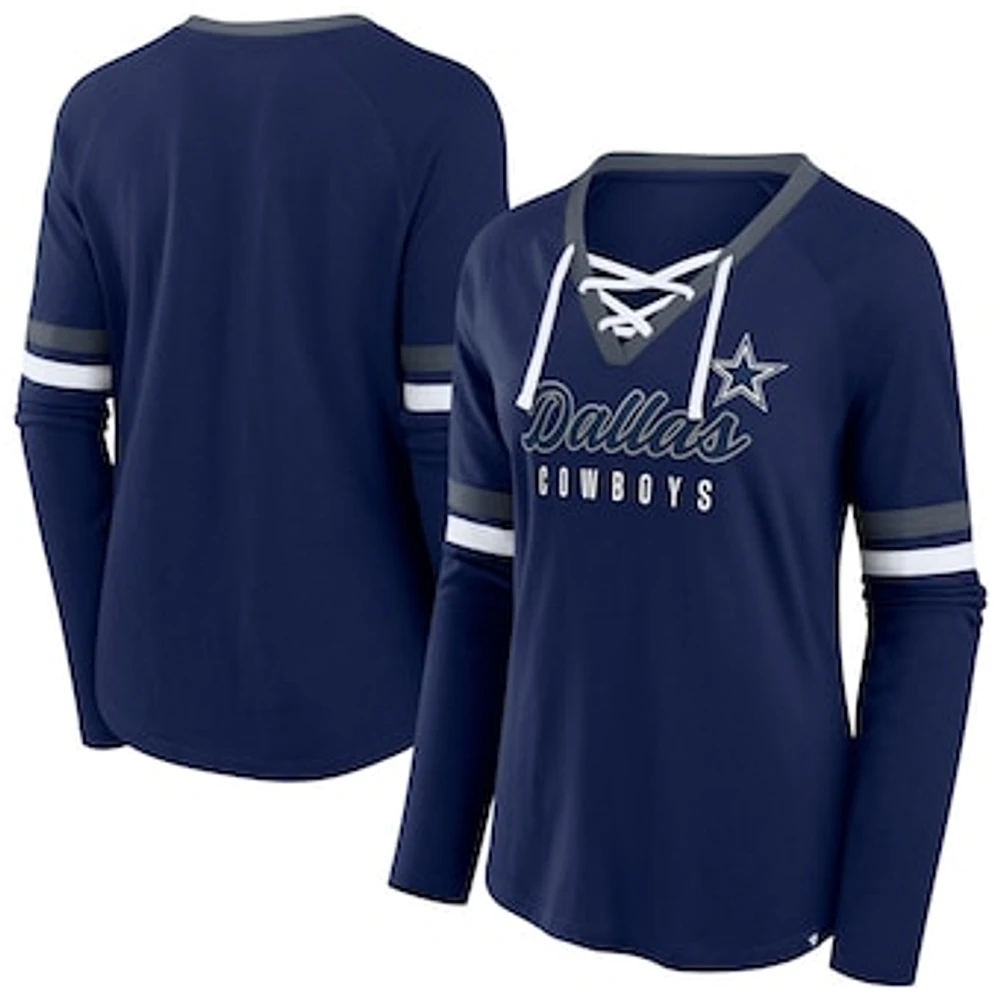 Women's Fanatics Navy Dallas Cowboys Plus Won & Done Lace-Up V-Neck Long Sleeve T-Shirt