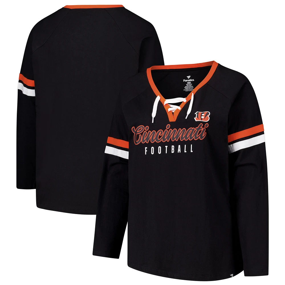 Women's Fanatics Black Cincinnati Bengals Plus Lace-Up V-Neck Long Sleeve T-Shirt