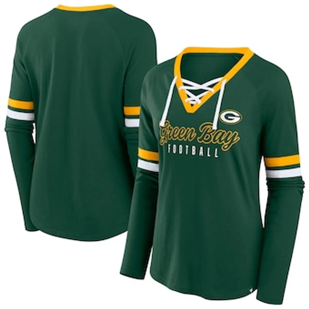 Women's Fanatics Green Bay Packers Plus Won & Done Lace-Up V-Neck Long Sleeve T-Shirt