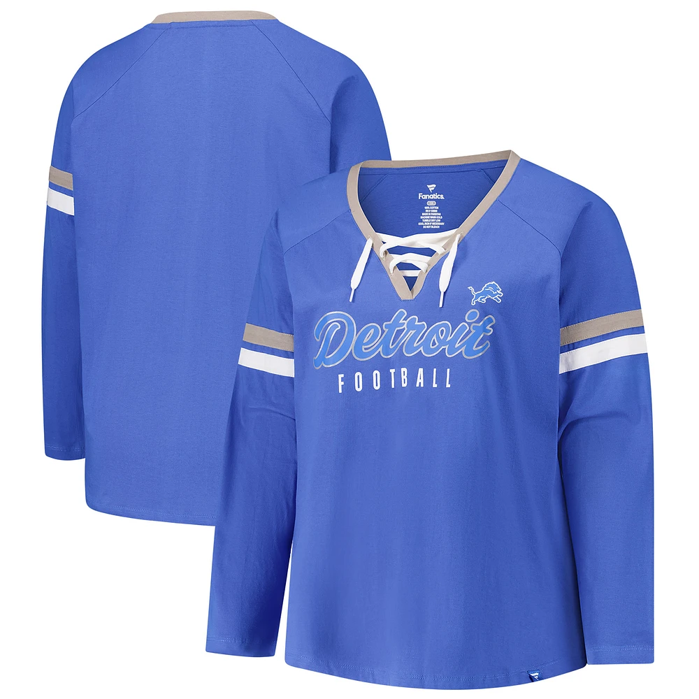 Women's Fanatics Blue Detroit Lions Plus Size Lace-Up V-Neck Long Sleeve T-Shirt