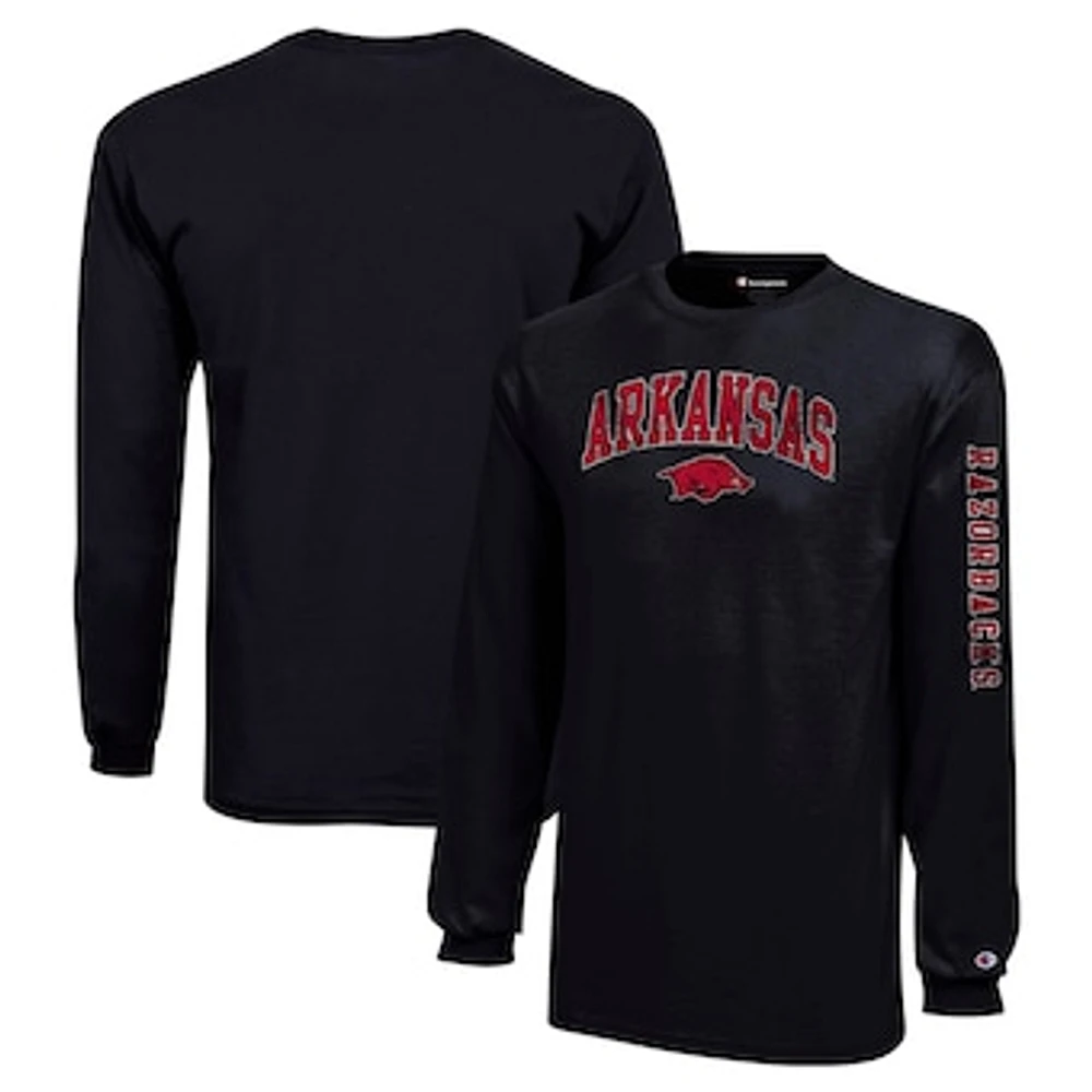 Youth Champion Black Arkansas Razorbacks Distressed Arch Over Logo Long Sleeve T-Shirt