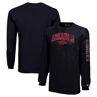 Youth Champion Black Arkansas Razorbacks Distressed Arch Over Logo Long Sleeve T-Shirt