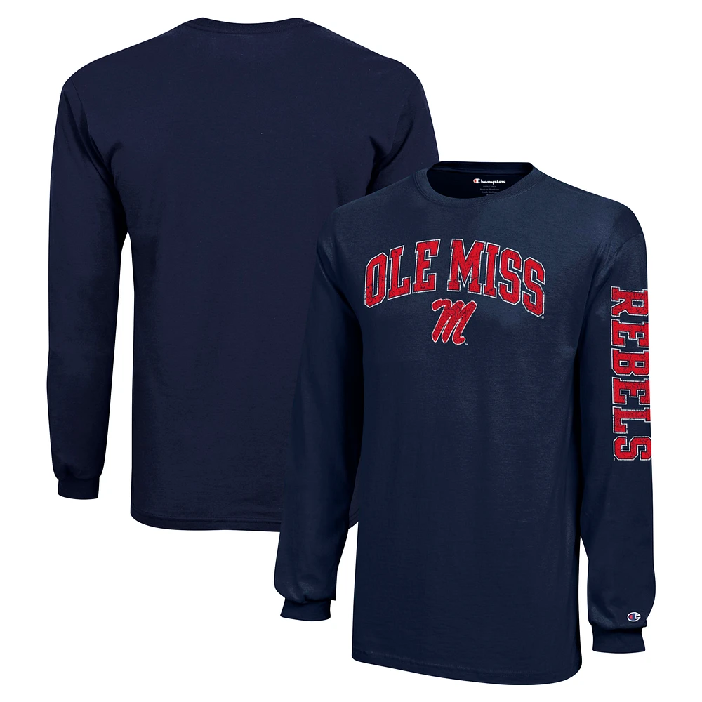 Youth Champion Navy Ole Miss Rebels Distressed Arch Over Logo Long Sleeve T-Shirt