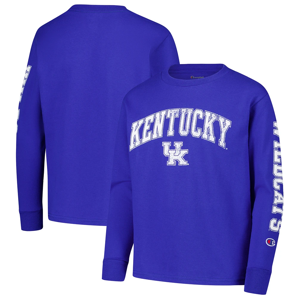 Youth Champion Royal Kentucky Wildcats Distressed Arch Over Logo Long Sleeve T-Shirt