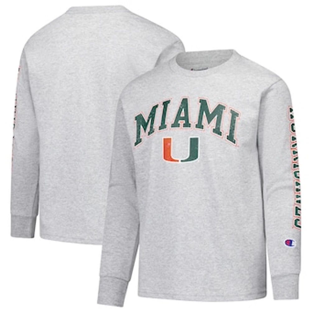 Youth Champion Gray Miami Hurricanes Distressed Arch Over Logo Long Sleeve T-Shirt