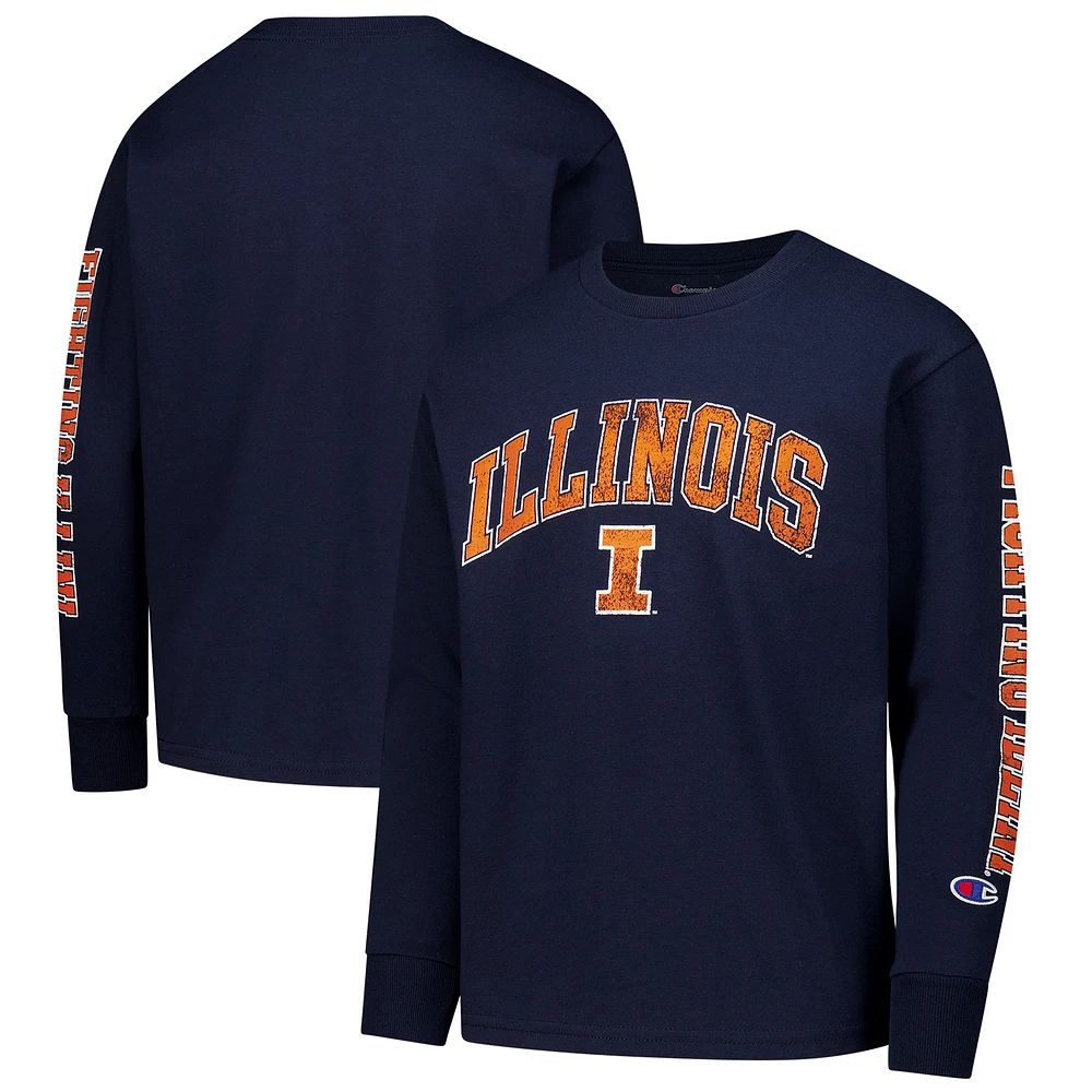 Youth Champion Navy Illinois Fighting Illini Distressed Arch Over Logo Long Sleeve T-Shirt