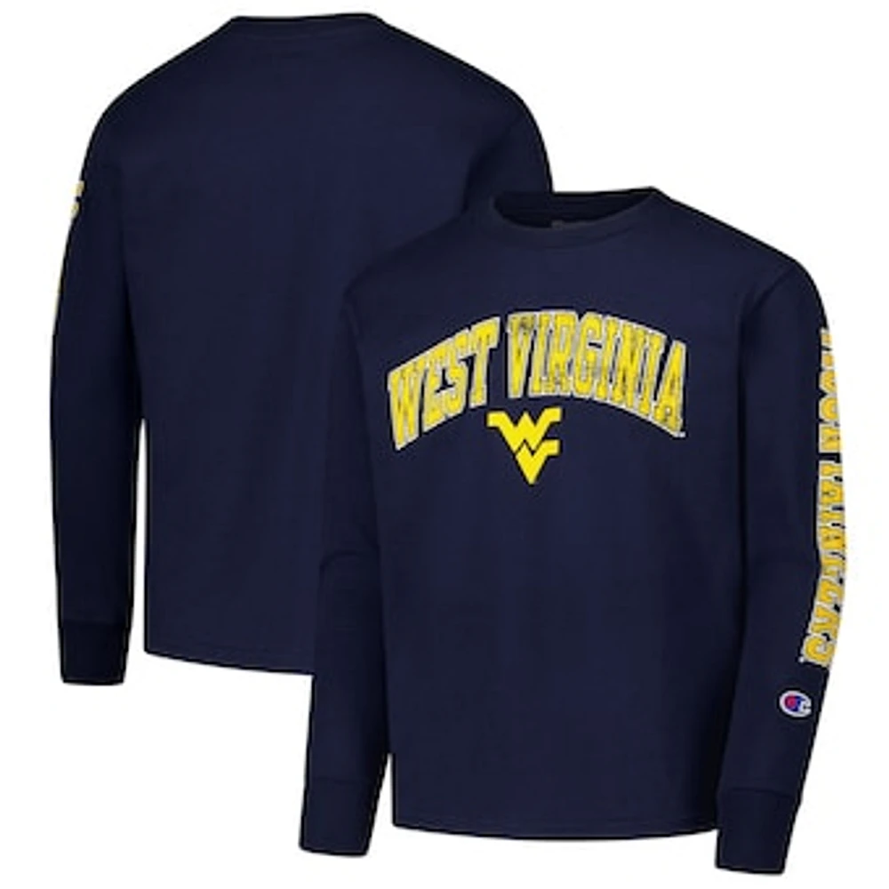 Youth Champion Navy West Virginia Mountaineers Distressed Arch Over Logo Long Sleeve T-Shirt