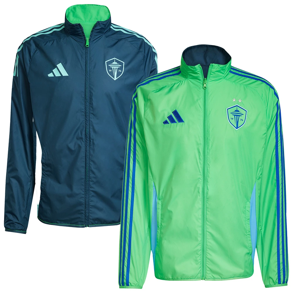 Men's adidas Rave Green/Blue Seattle Sounders FC 2025 Anthem Reversible Full-Zip Jacket