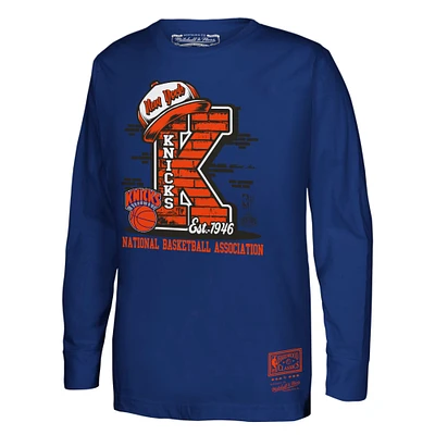 Youth Mitchell & Ness Blue New York Knicks Hardwood Classics Vintage Players Drip Long Sleeve T-Shirt