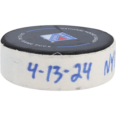 Brock Nelson New York Islanders Game-Used Goal Puck vs. New York Rangers on April 13, 2024 - Second of Two Goals Scored