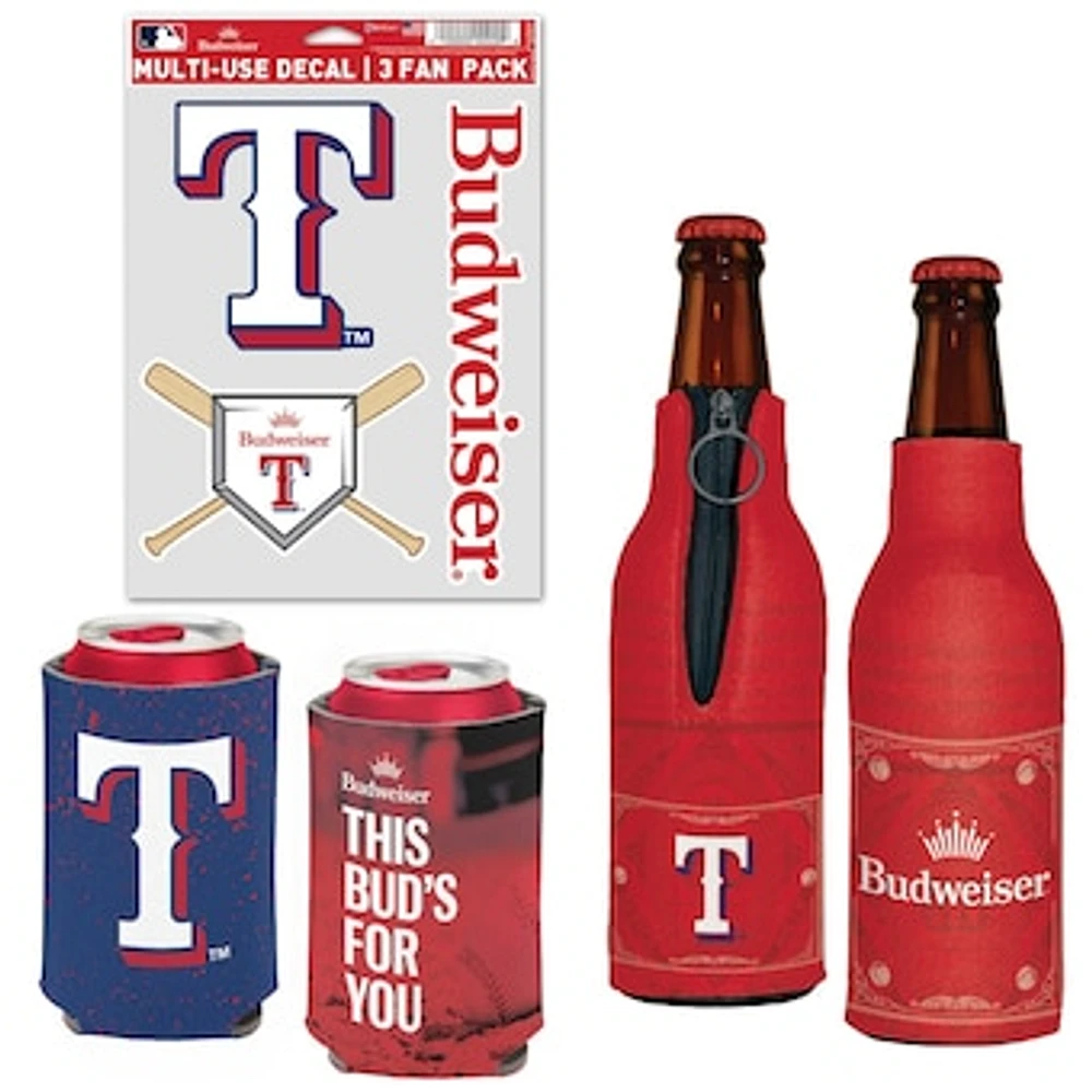 WinCraft Texas Rangers MLB x Budweiser Can Cooler, Bottle Cooler & Decal Pack