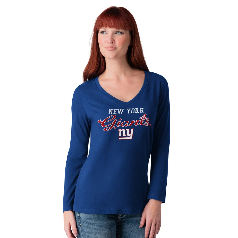 Women's G-III 4Her by Carl Banks Royal New York Giants Post Season Long Sleeve V-Neck T-Shirt