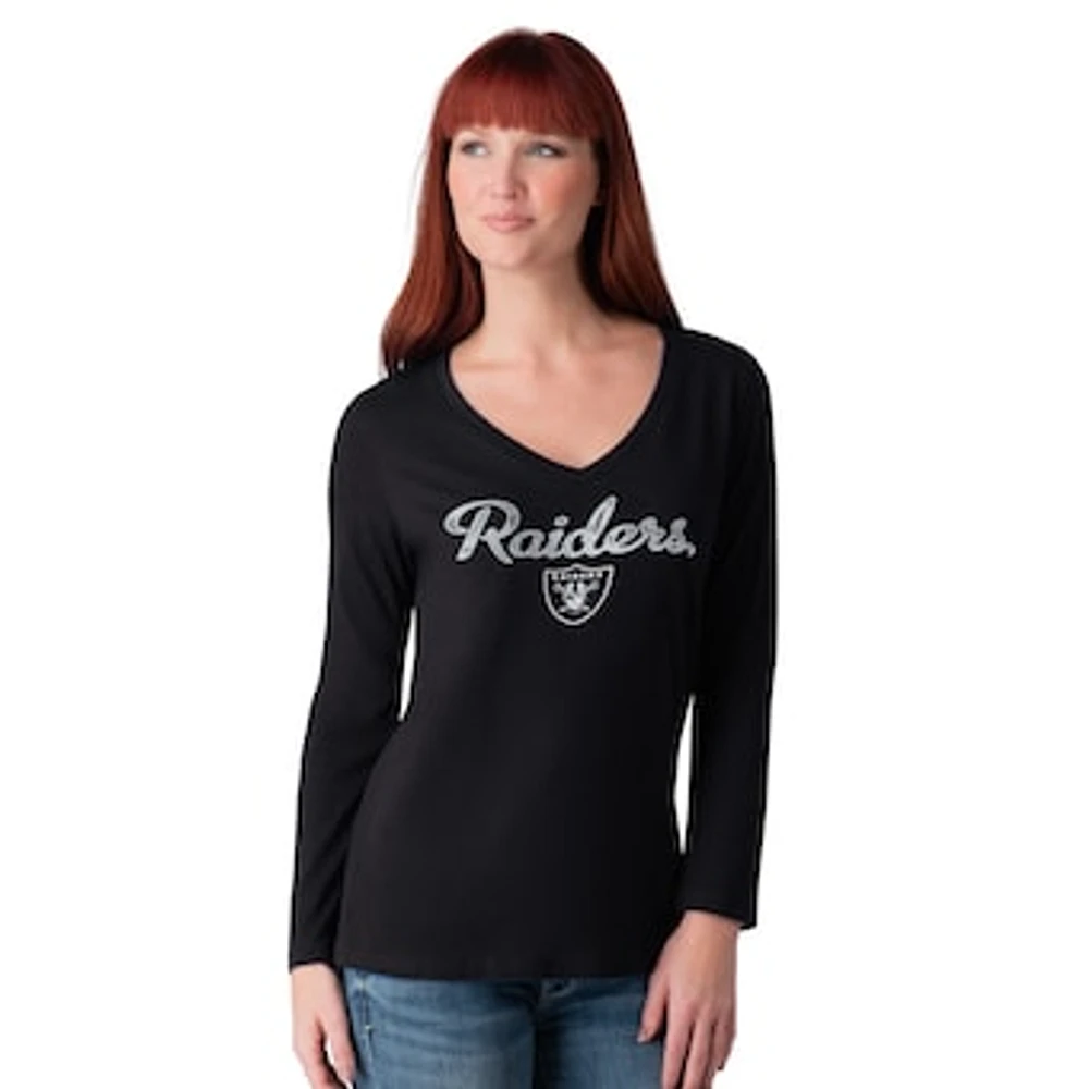 Women's G-III 4Her by Carl Banks Black Las Vegas Raiders Post Season Long Sleeve V-Neck T-Shirt