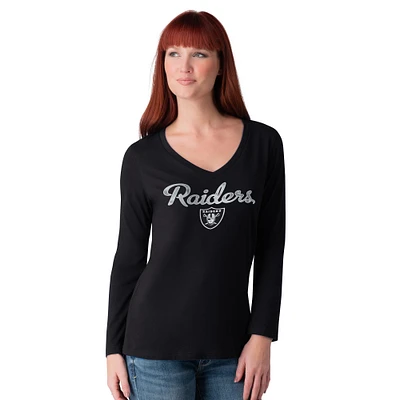 Women's G-III 4Her by Carl Banks Black Las Vegas Raiders Post Season Long Sleeve V-Neck T-Shirt