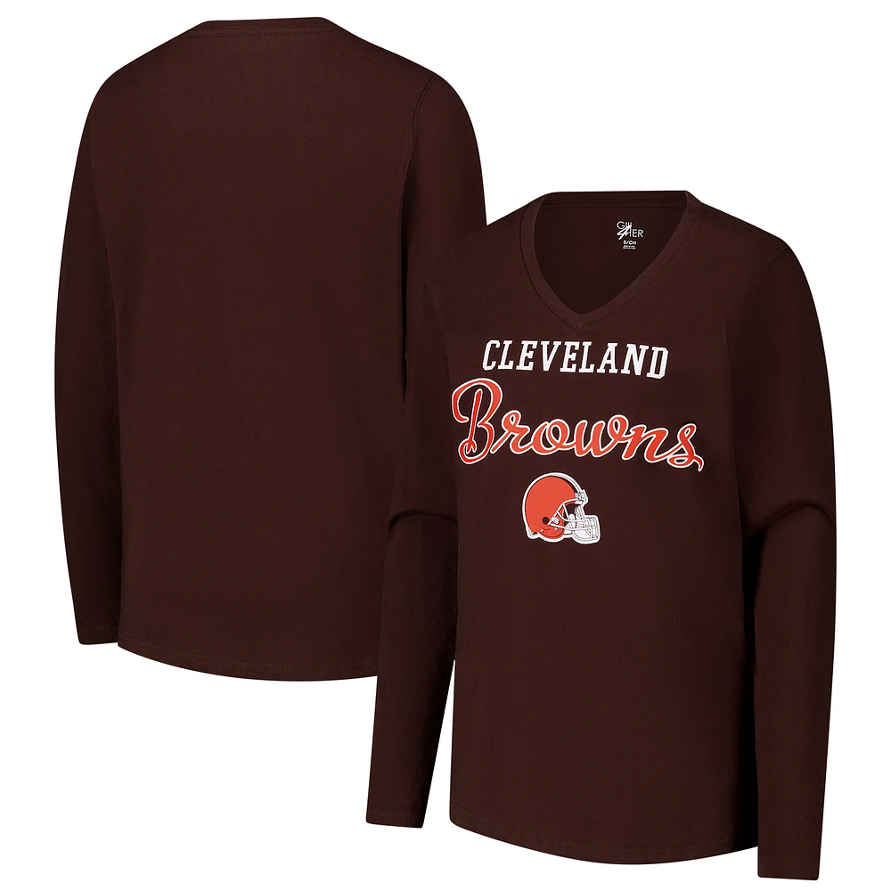 Women's G-III 4Her by Carl Banks Brown Cleveland Browns Post Season Long Sleeve V-Neck T-Shirt