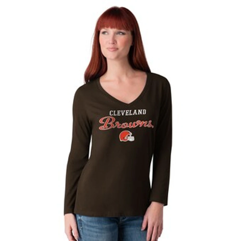 Women's G-III 4Her by Carl Banks Brown Cleveland Browns Post Season Long Sleeve V-Neck T-Shirt