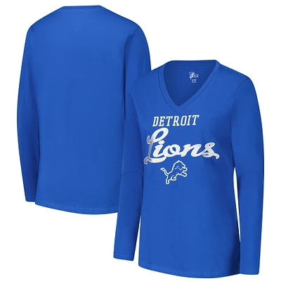 Women's G-III 4Her by Carl Banks Blue Detroit Lions Post Season Long Sleeve V-Neck T-Shirt