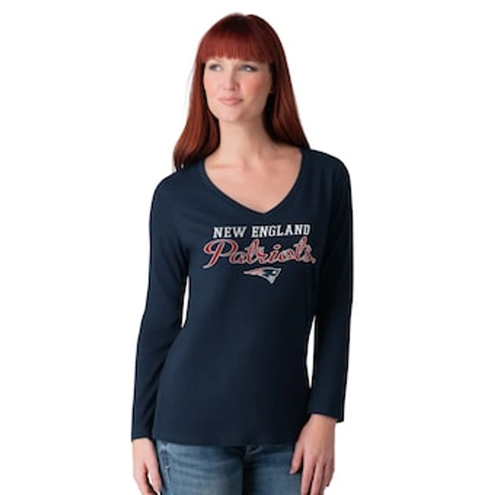 Women's G-III 4Her by Carl Banks Navy New England Patriots Post Season Long Sleeve V-Neck T-Shirt