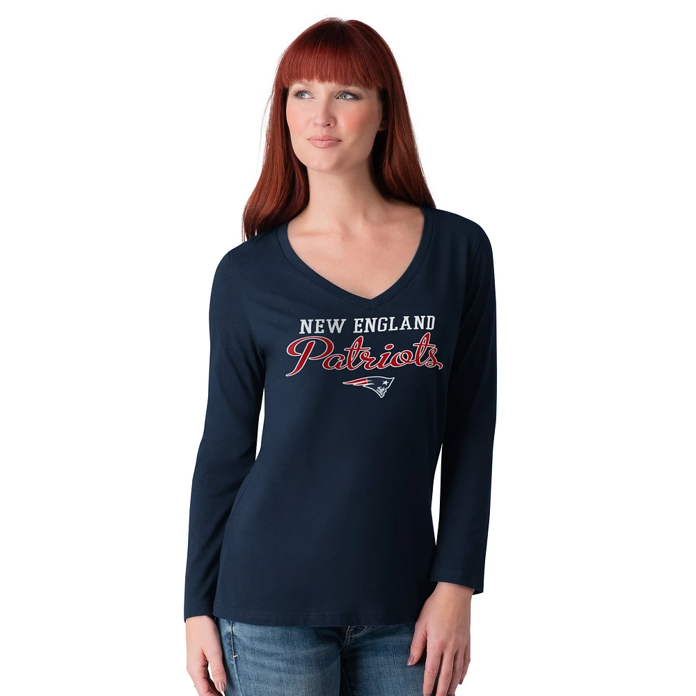 Women's G-III 4Her by Carl Banks Navy New England Patriots Post Season Long Sleeve V-Neck T-Shirt