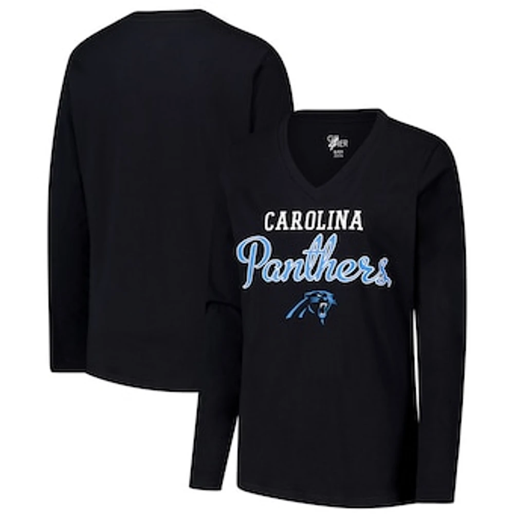 Women's G-III 4Her by Carl Banks Black Carolina Panthers Post Season Long Sleeve V-Neck T-Shirt