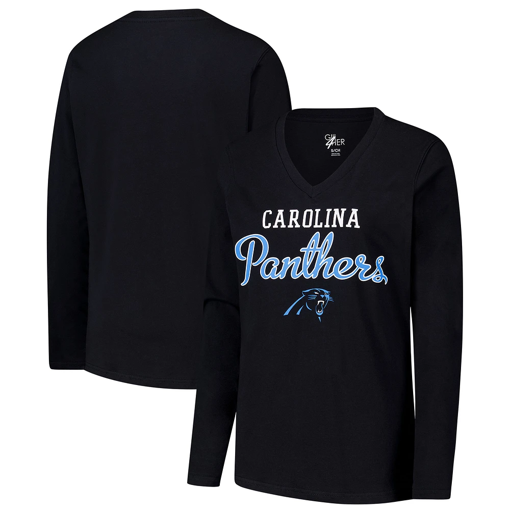 Women's G-III 4Her by Carl Banks Black Carolina Panthers Post Season Long Sleeve V-Neck T-Shirt