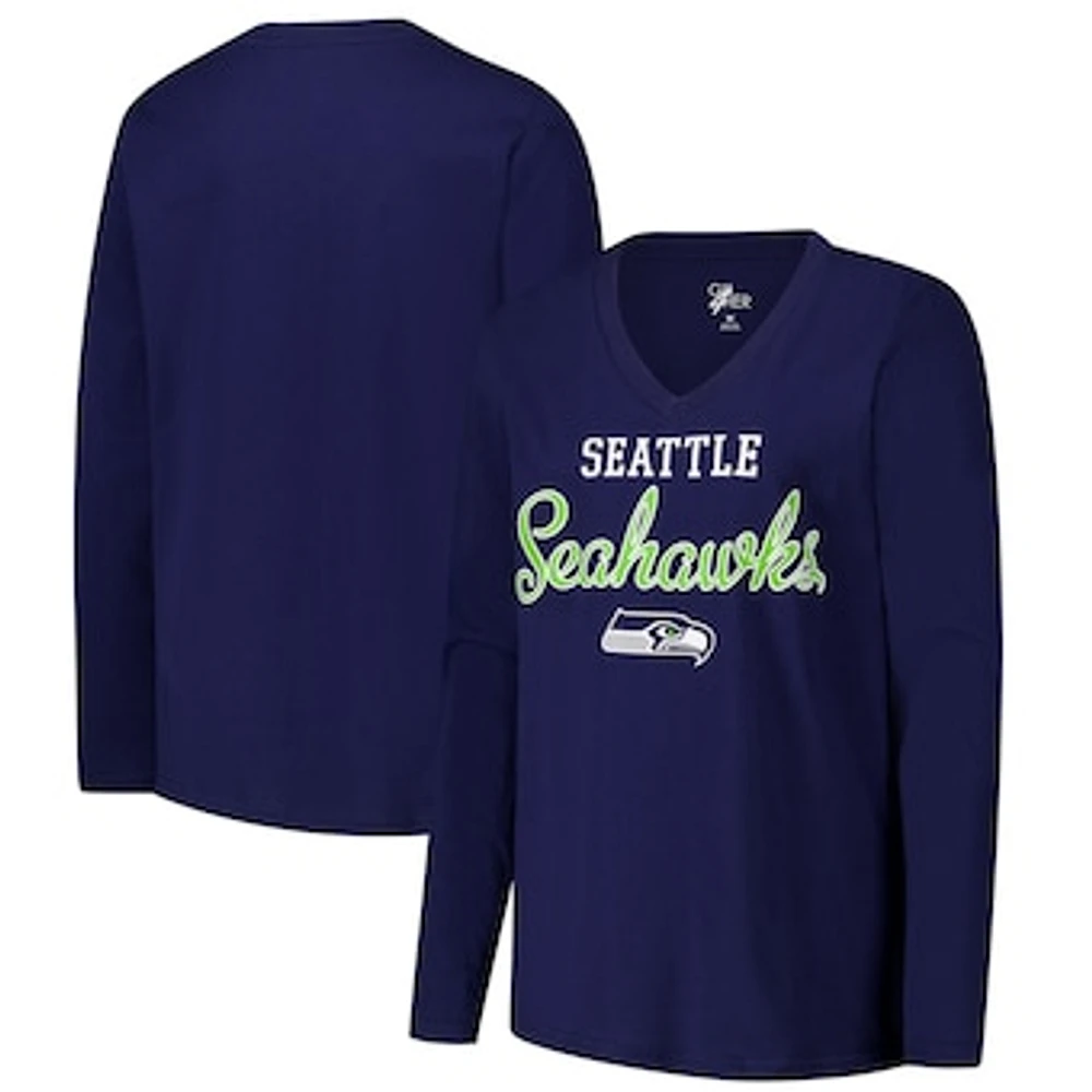 Women's G-III 4Her by Carl Banks College Navy Seattle Seahawks Post Season Long Sleeve V-Neck T-Shirt