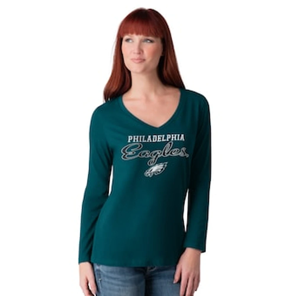 Women's G-III 4Her by Carl Banks Midnight Green Philadelphia Eagles Post Season Long Sleeve V-Neck T-Shirt