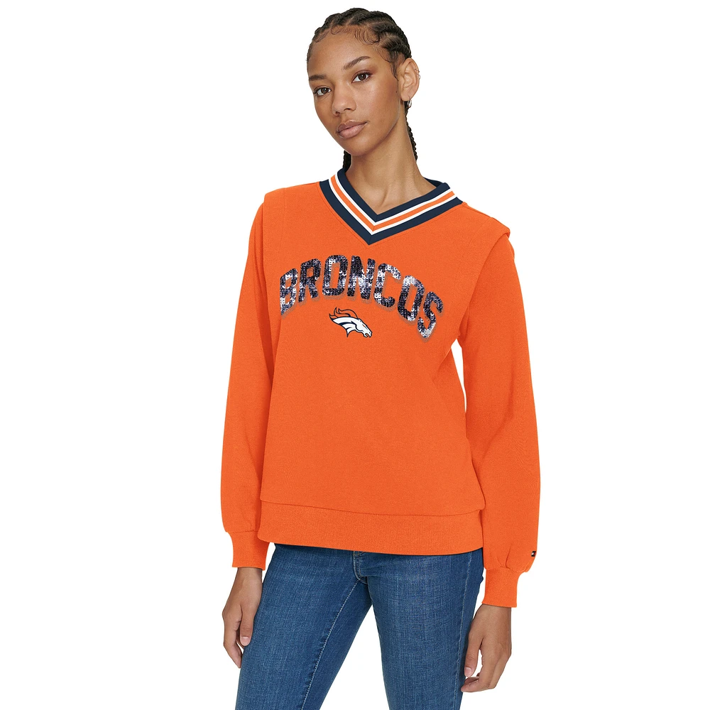 Women's Tommy Hilfiger Orange Denver Broncos Alice V-Neck Pullover Sweatshirt