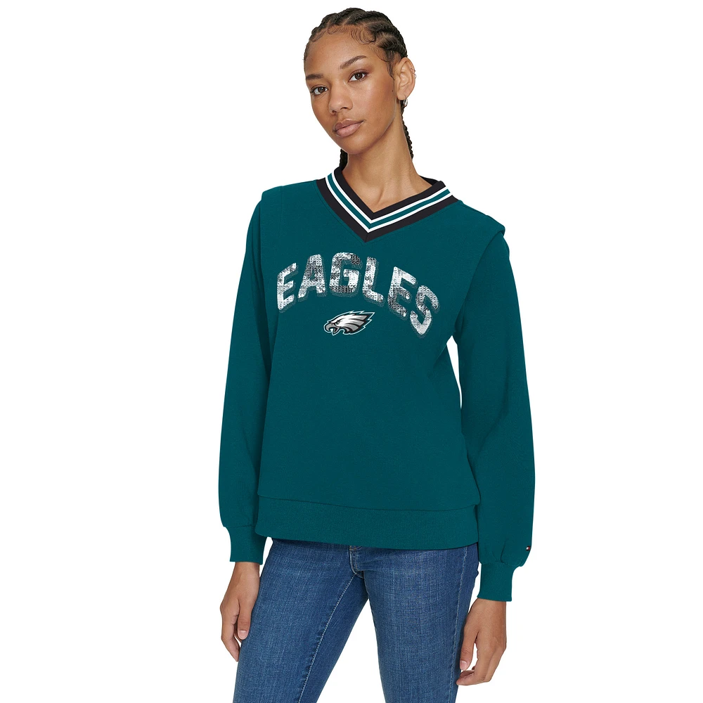 Women's Tommy Hilfiger Midnight Green Philadelphia Eagles Alice V-Neck Pullover Sweatshirt