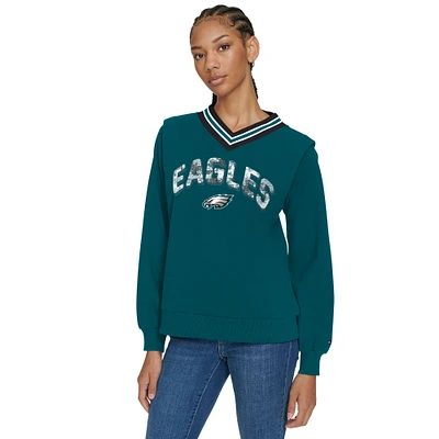 Women's Tommy Hilfiger Midnight Green Philadelphia Eagles Alice V-Neck Pullover Sweatshirt