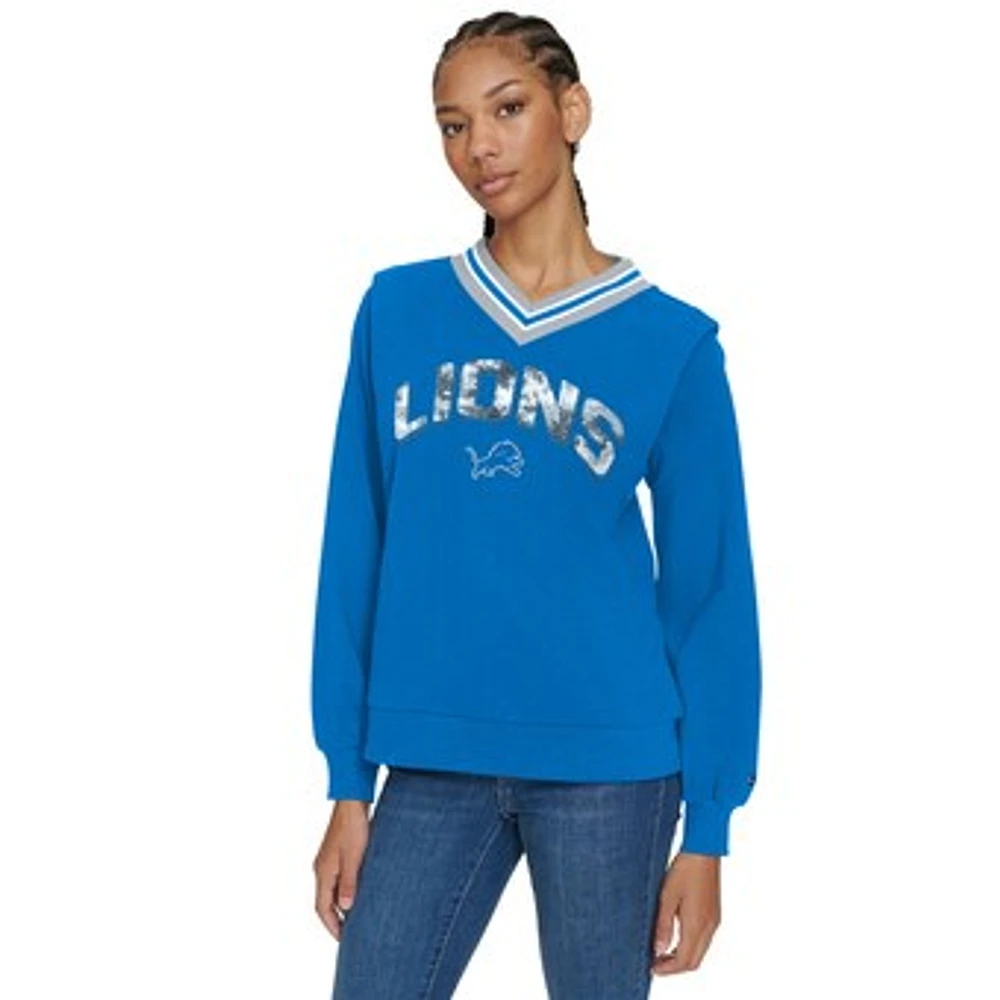 Women's Tommy Hilfiger Blue Detroit Lions Alice V-Neck Pullover Sweatshirt