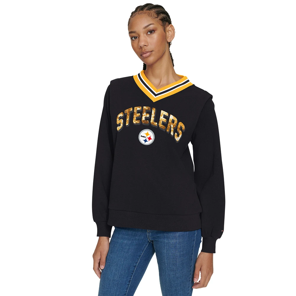 Women's Tommy Hilfiger Black Pittsburgh Steelers Alice V-Neck Pullover Sweatshirt