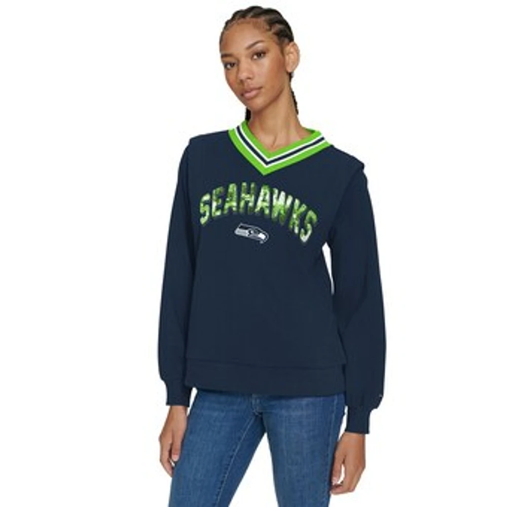 Women's Tommy Hilfiger Navy Seattle Seahawks Alice V-Neck Pullover Sweatshirt