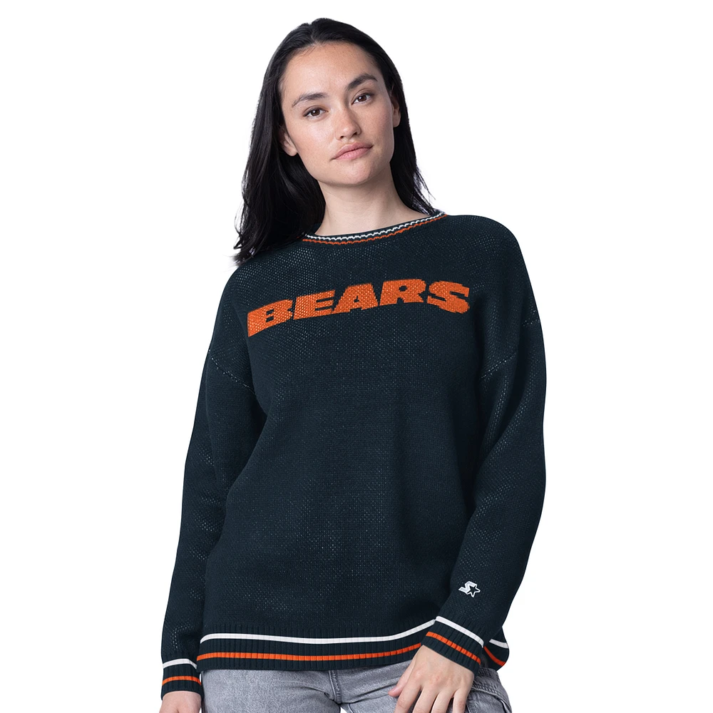 Women's Starter Navy Chicago Bears Oversized On the Ball Intarsia Knit Pullover Sweater