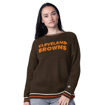 Women's Starter Brown Cleveland Browns Oversized On the Ball Intarsia Knit Pullover Sweater