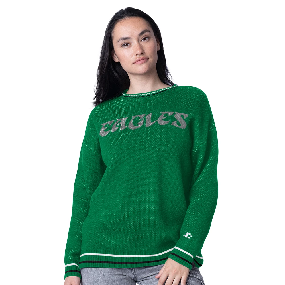 Women's Starter Kelly Green Philadelphia Eagles Oversized On the Ball Intarsia Knit Pullover Sweater