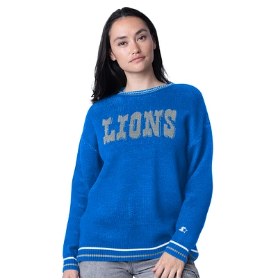 Women's Starter Blue Detroit Lions Oversized On the Ball Intarsia Knit Pullover Sweater