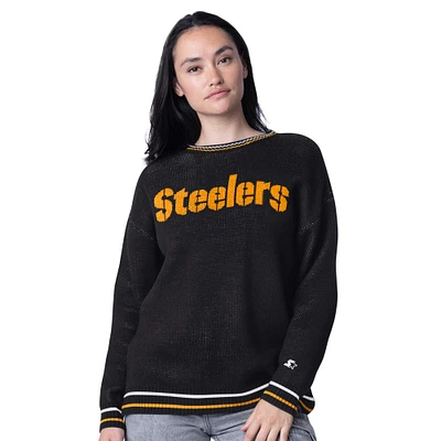 Women's Starter Black Pittsburgh Steelers Ladies On the Ball Intarsia Pullover Sweater